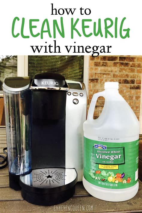 Simply follow these three simple steps: Pour 1 cup of white distilled vinegar into the water reservoir of your Keurig brewer. Turn off power to the machine. Place Brewer on its side in a sink full of cold water. Allow machine to soak for 30 minutes. RemoveBrewer from soaking water and place it back onto its base.